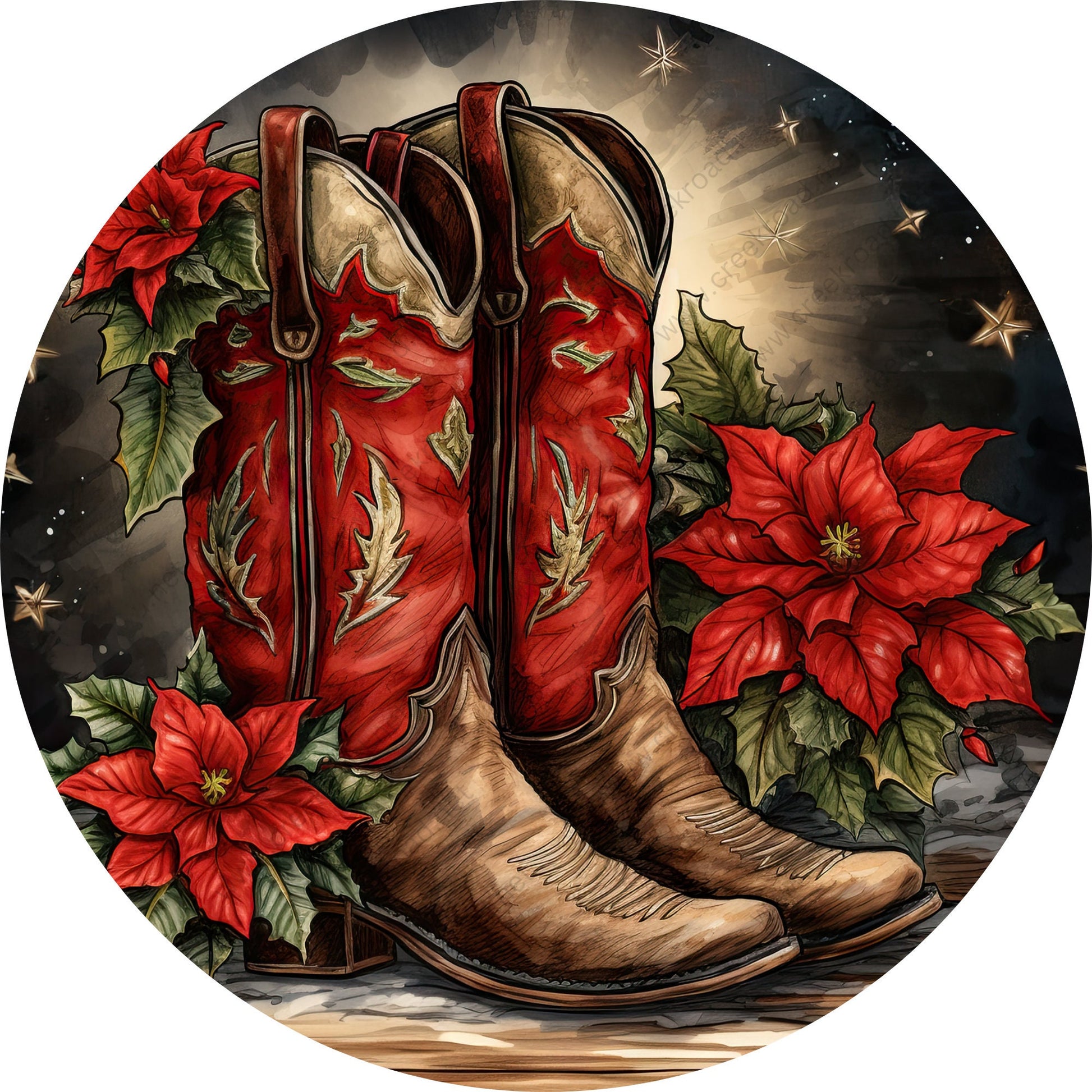 Red Poinsettia Cowboy Boots Wreath Sign-Sublimation-Round-Christmas-Winter-Decor