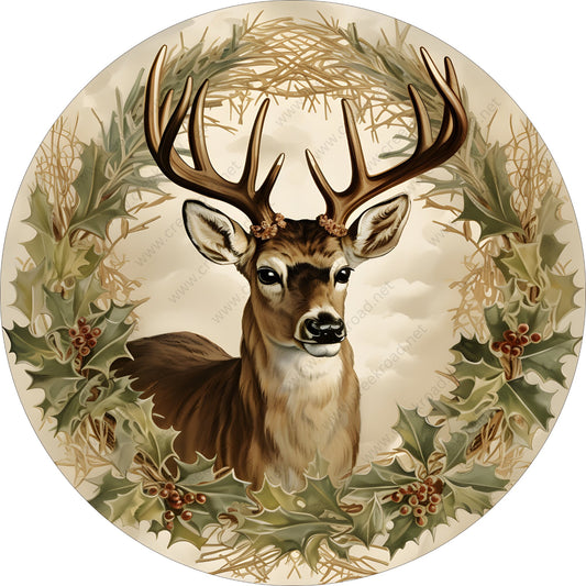 Holly Wreath Country Deer Wreath Sign-Sublimation-Round-Christmas-Winter-Decor