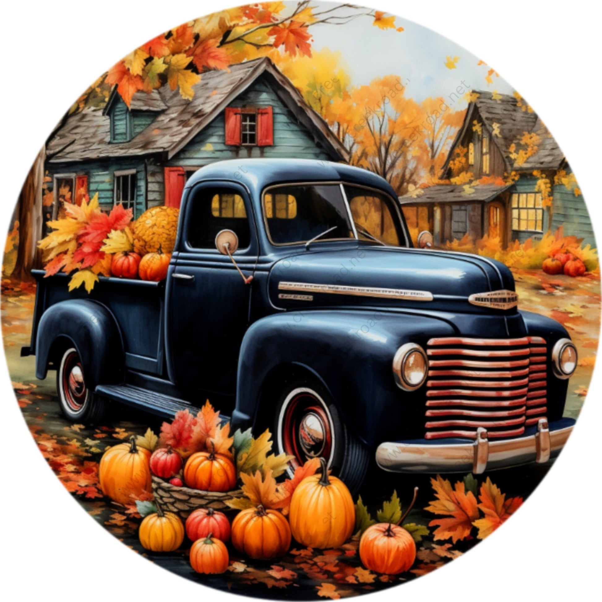 Black Fall Truck Pumpkins Wreath Sign-Sublimation-Round-Fall-Autumn-Decor