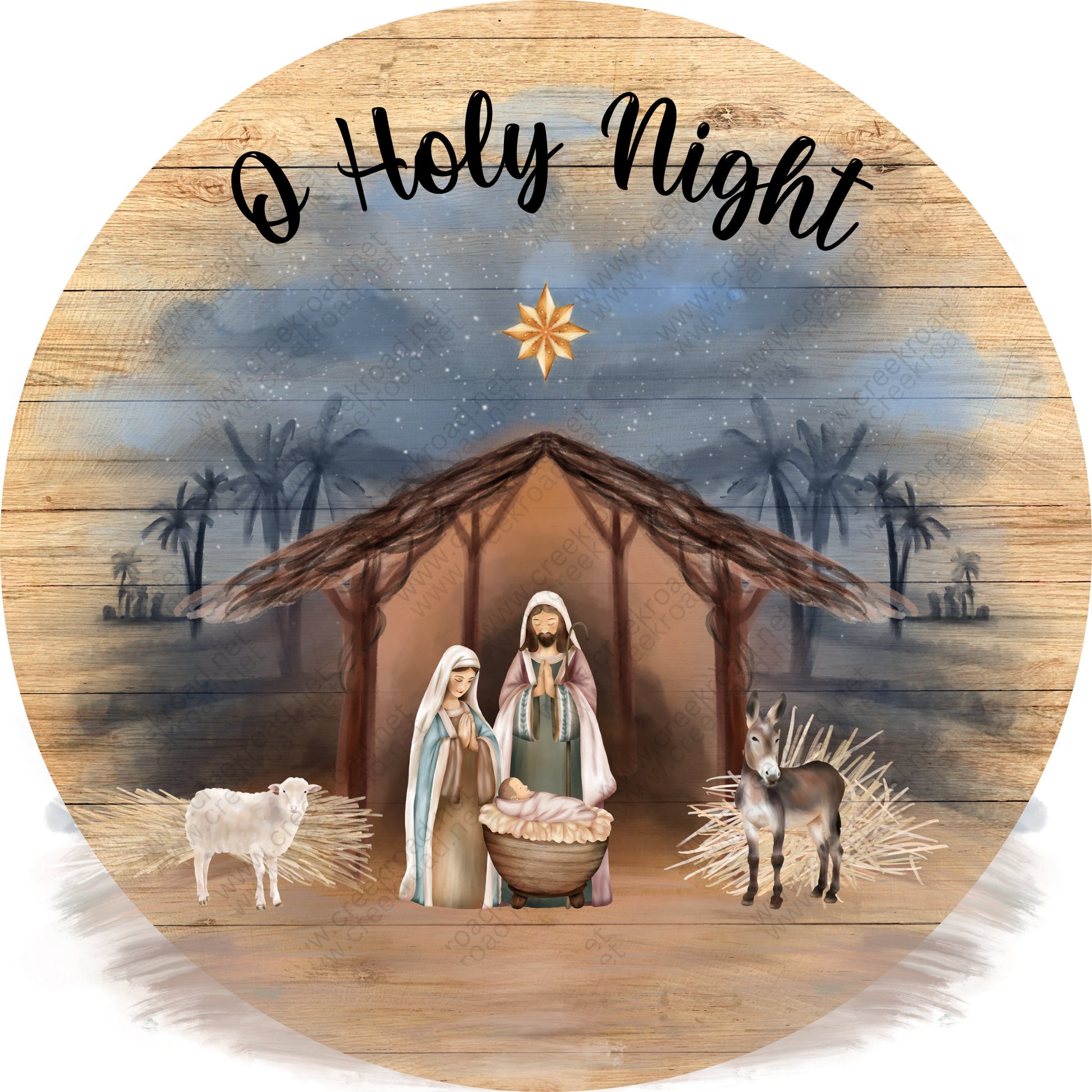 O Holy Night Nativity Scene with North Star Woodgrain Background Wreath Sign-Sublimation-Round-Christmas-Decor