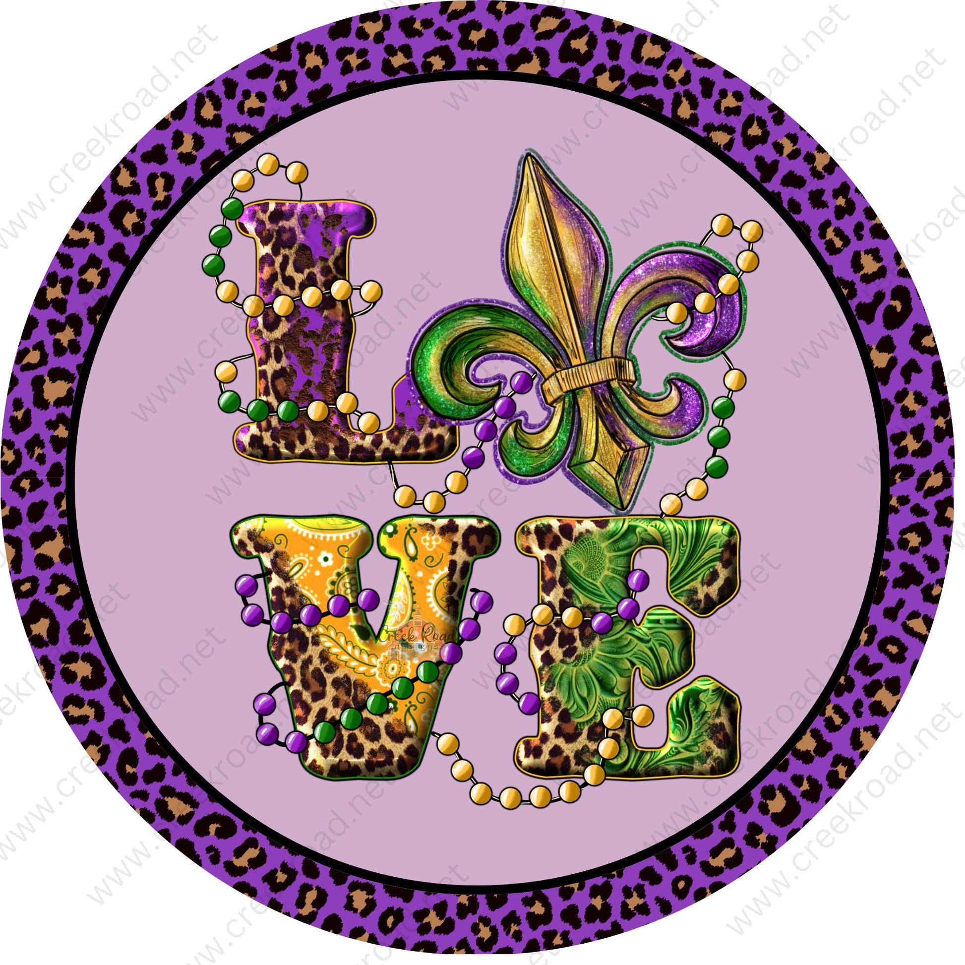 Purple Leopard Love Mardi Gras Wreath Sign-Mardi Gras Sign-Louisiana-New Orleans-Purple, Green, and Gold- Metal Sign