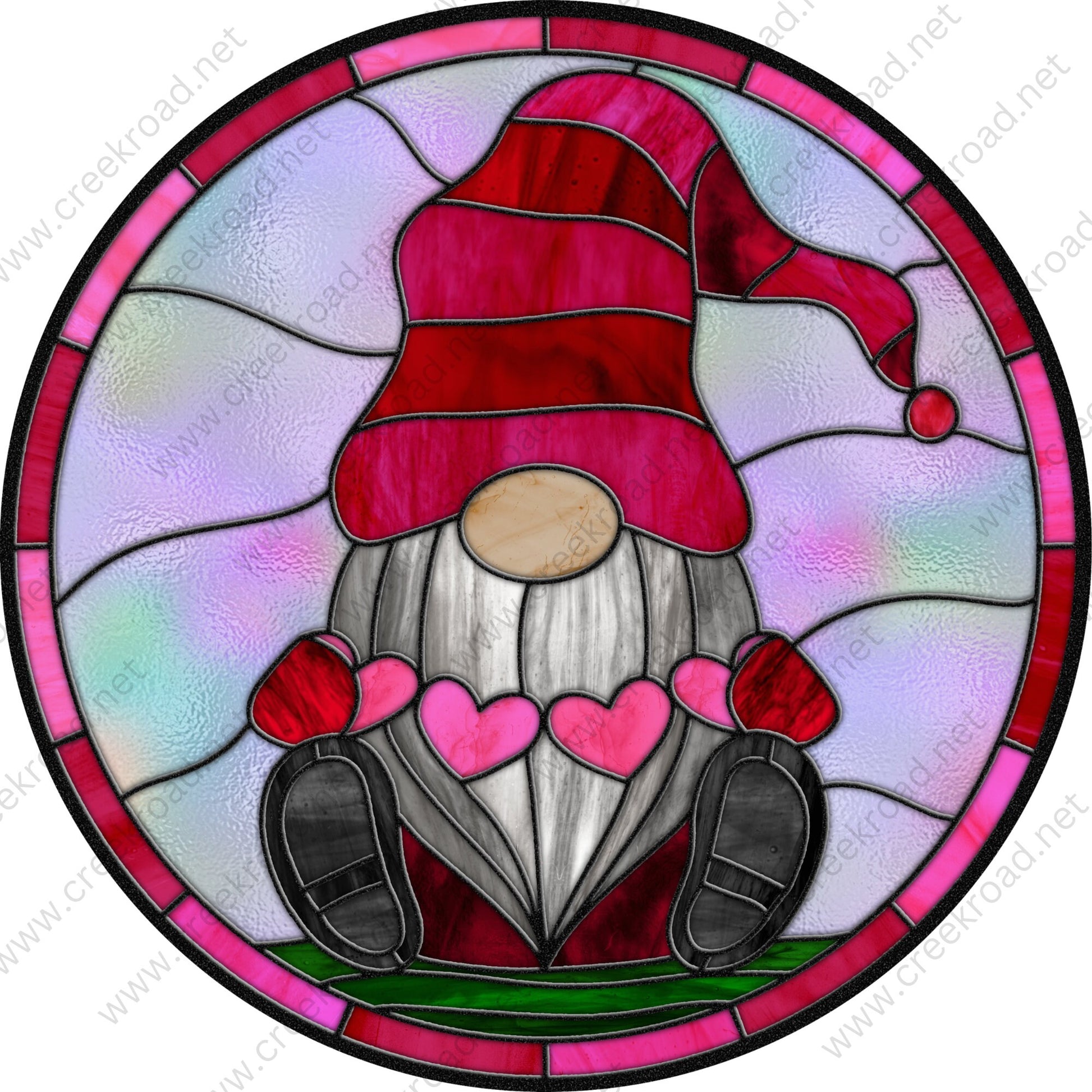 Valentine Gnome with Pink Red Hearts Faux Stained Glass Wreath Sign-Round-Everyday-Decor-Attachment-Aluminum-Signs