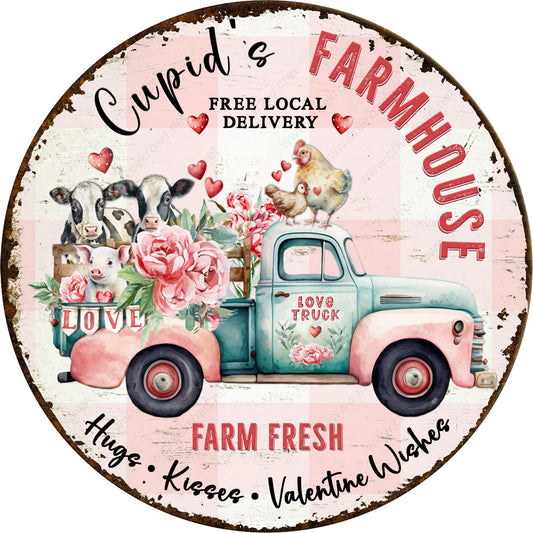 Cupid's Farmhouse Farm Fresh Hugs Kisses Valentine Wishes Wreath Sign-Truck-Farm-Distressed-Decor