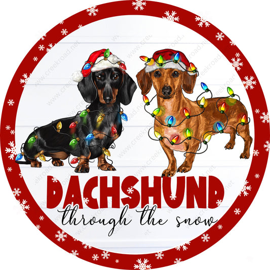 Black & Red Dachshund Through the Snow Christmas lights White Snowflake Border Wreath Sign-Christmas-Sublimation-Attachment-Decor