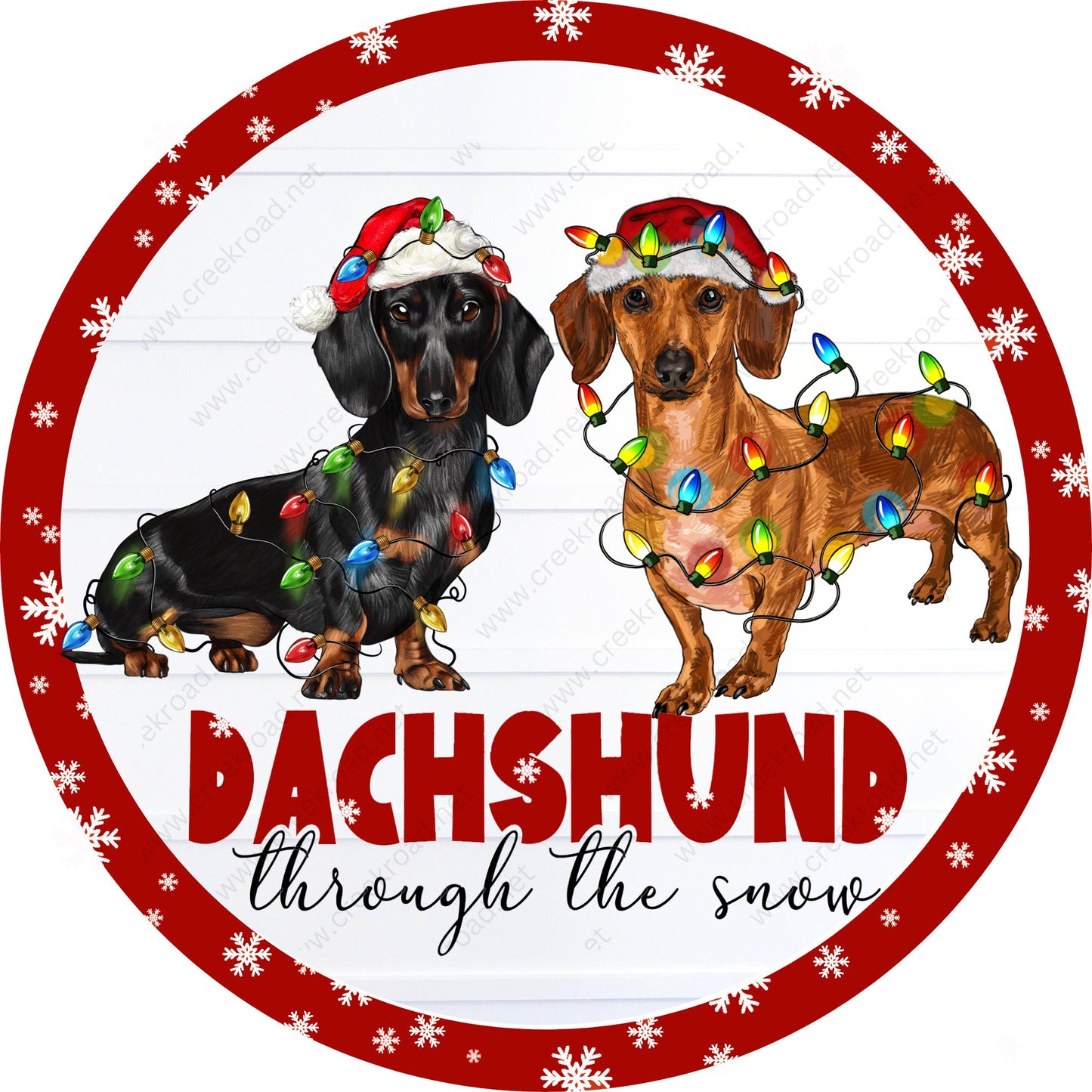 Black & Red Dachshund Through the Snow Christmas lights White Snowflake Border Wreath Sign-Christmas-Sublimation-Attachment-Decor