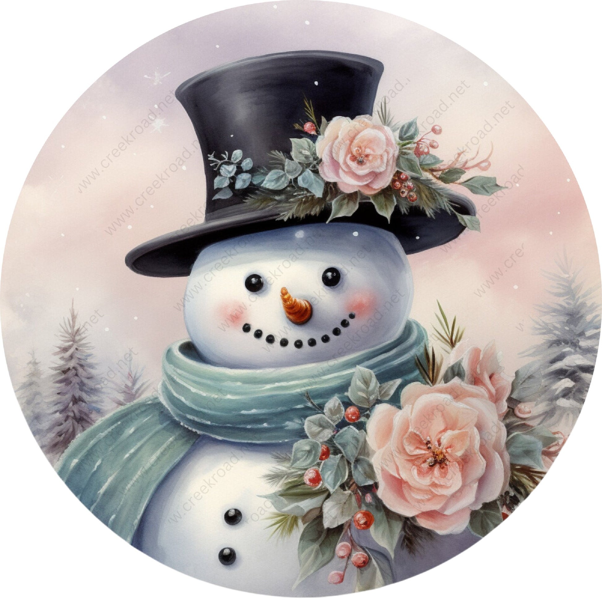 Christmas Snowman Pink Roses Green Scarf Wreath Sign-Holiday-Sublimation-Attachment-Decor