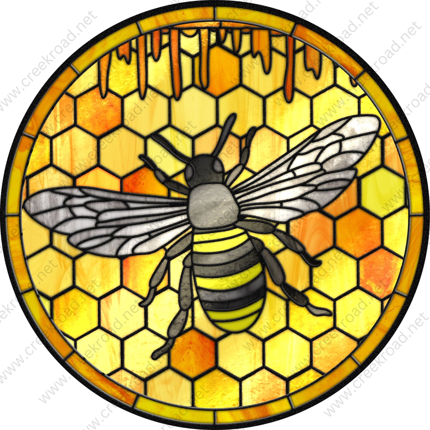 Yellow Bee on Honeycomb with Dripping Honey Faux Stained Glass Wreath Sign-Round-Everyday-Decor-Attachment-Aluminum-Signs