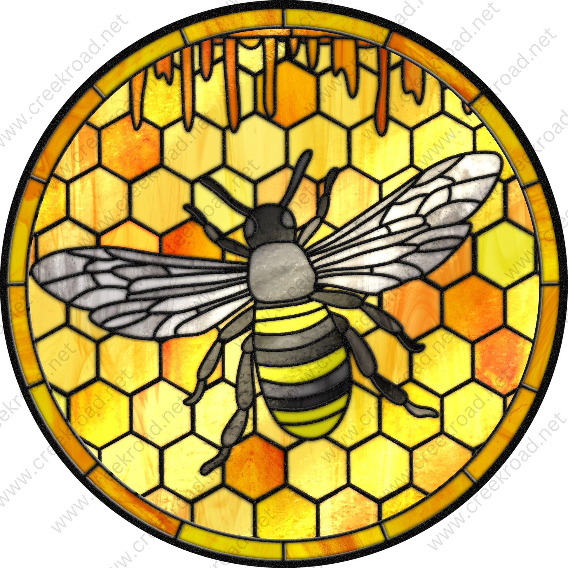 Yellow Bee on Honeycomb with Dripping Honey Faux Stained Glass Wreath Sign-Round-Everyday-Decor-Attachment-Aluminum-Signs