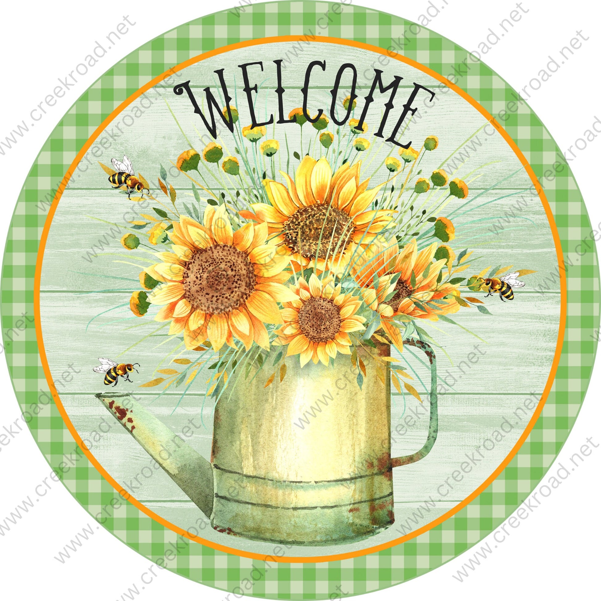 Welcome Sunflowers in Vintage Watering Can Bumble Bees on Green Shiplap Checkered Border-Wreath Sign-Spring-Decor-Sublimation-Aluminum