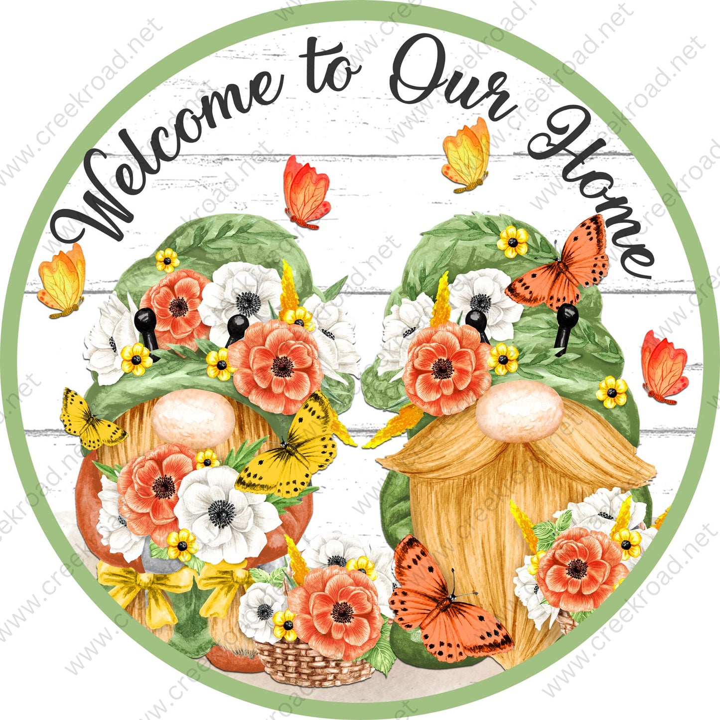 Welcome To Our Home Gnomes with Spring Butterflies Green Border Sign-Sublimation-Spring-Metal Sign