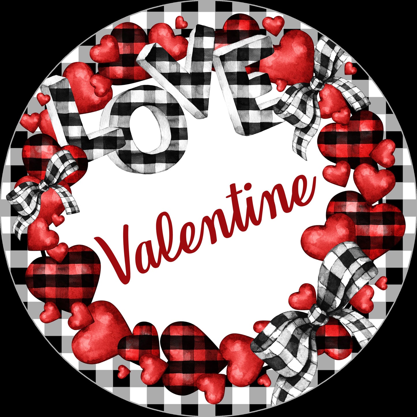 Valentine Love Black White Check Heart Valentine Wreath Sign-Decor