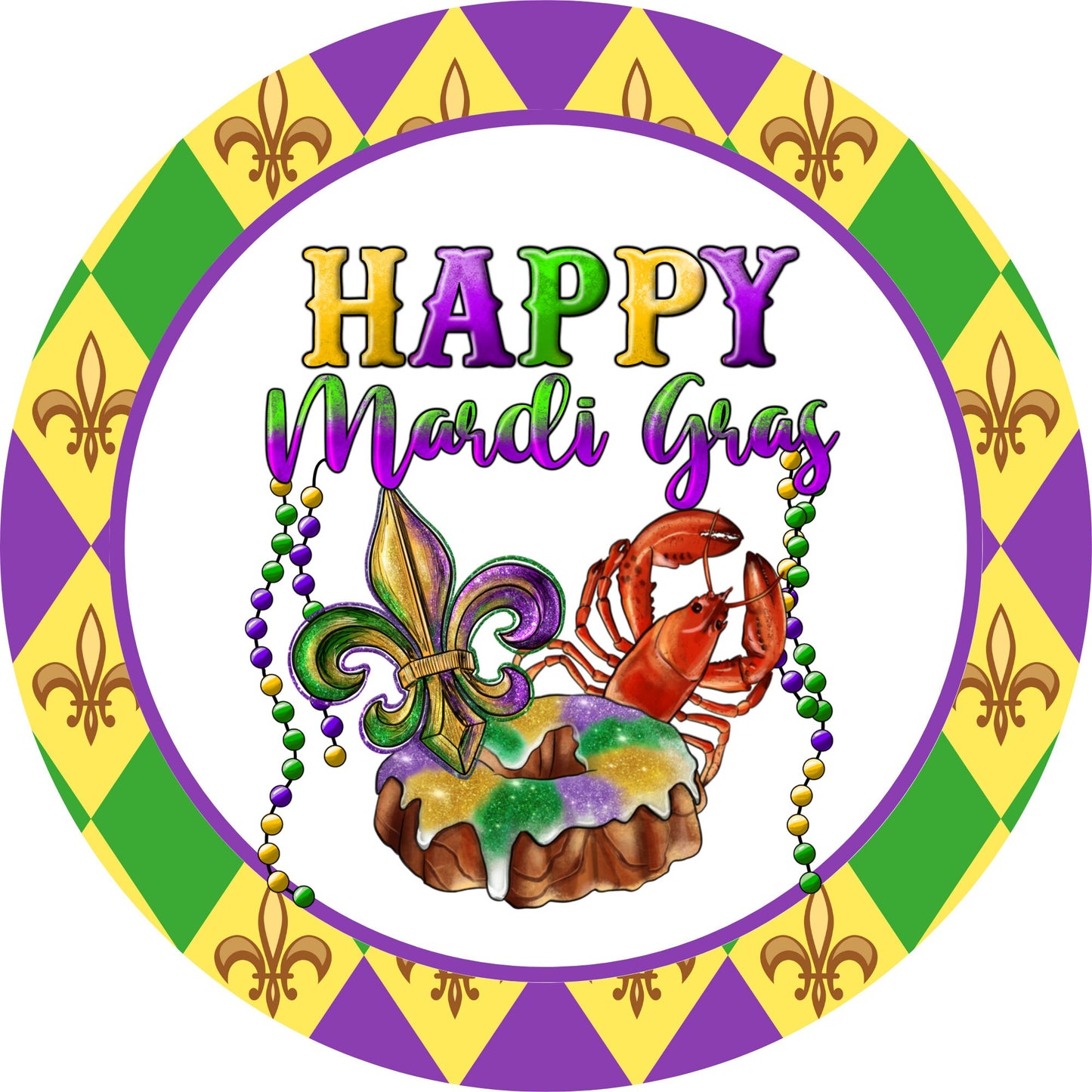 Happy Mardi Gras King Cake Crawfish Fleur De Lis Beads - Mardi Gras Sign - Louisiana- New Orleans - Purple, Green, and Gold- Metal Sign