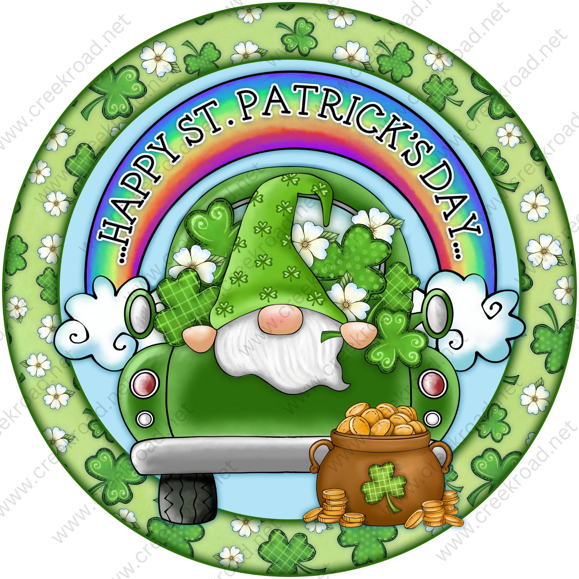 Happy St Patrick's Day Gnome Truck Pot of Gold Shamrock Wreath Sign - St. Patrick's- Wreath Sign - Sublimation Sign - Wreath Attachment