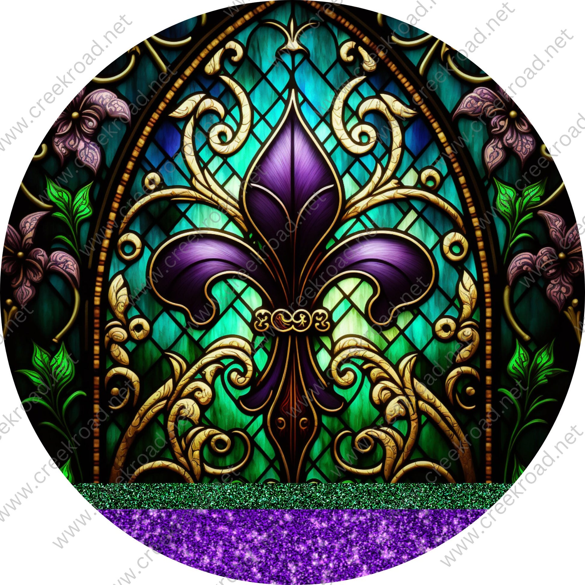 Purple Fleur De Lis with Glitter Accents Faux Stained Glass Wreath Sign-Purple, Green, and Gold-Metal-Sublimation-Deocr-Aluminum