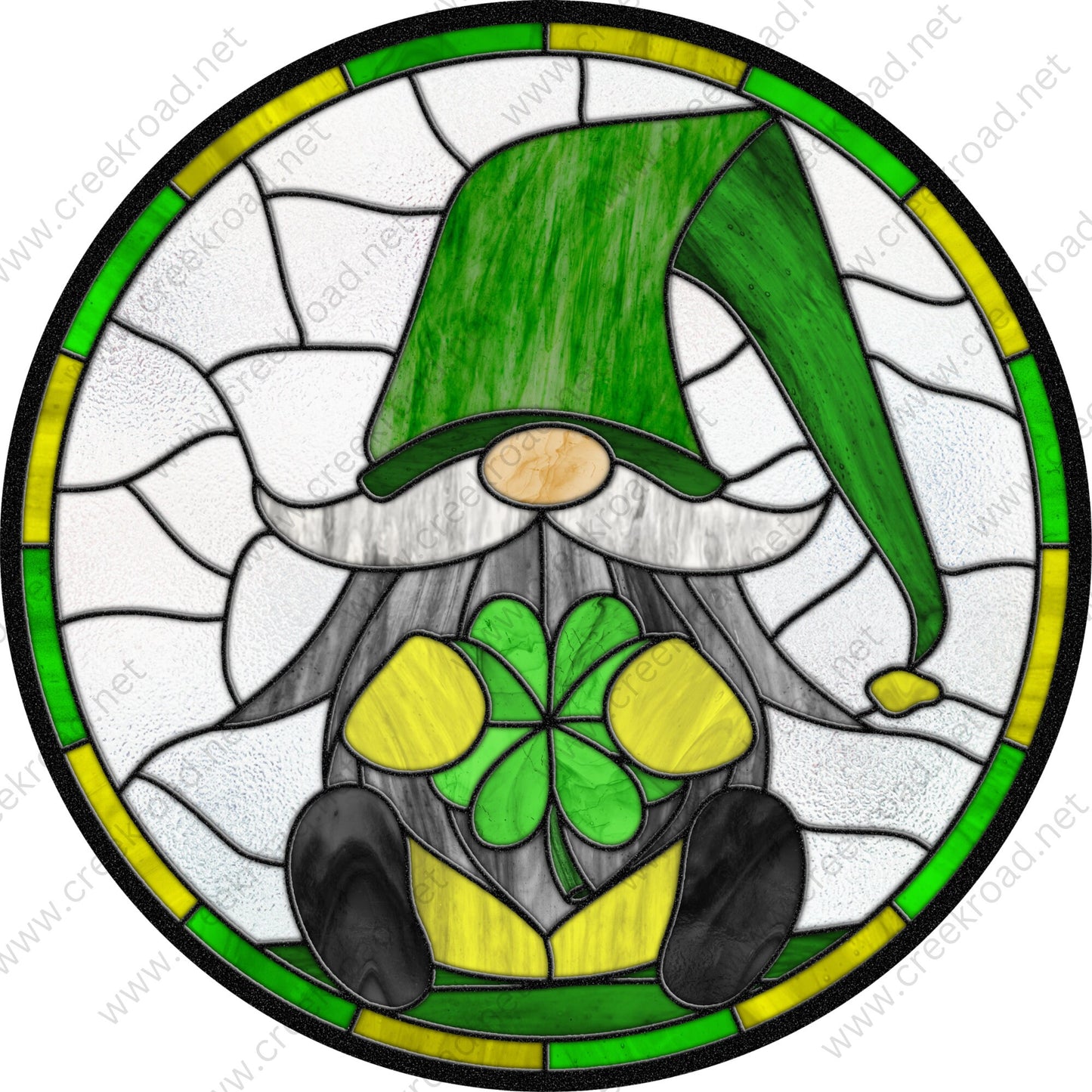 St. Patrick's Day Gnome Holding Shamrock Faux Stained Glass Wreath Sign-Round-Everyday-Decor-Attachment-Aluminum-Signs