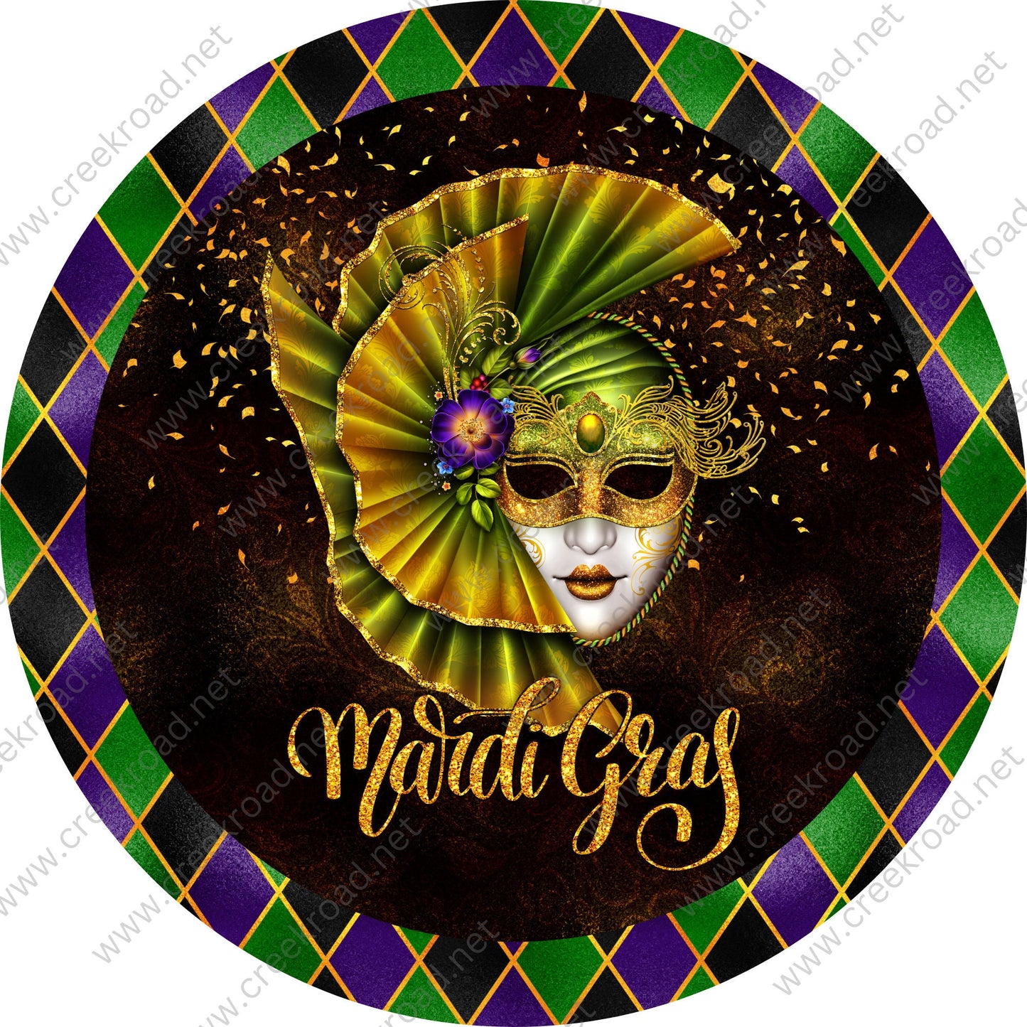 Mardi Gras Golden Mask of Glitter Confetti Wreath Sign-Round-Green Purple Gold Sublimation-Decor-Aluminum