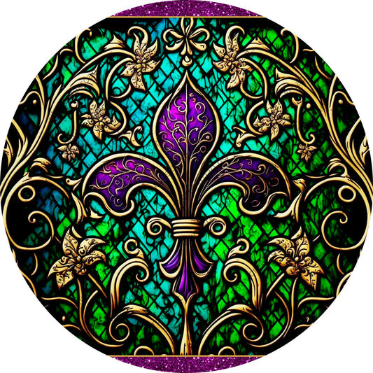 Ornate Purple Fleur De Lis Wreath Sign-Purple, Green, and Gold-Metal-Sublimation-Deocr-Aluminum