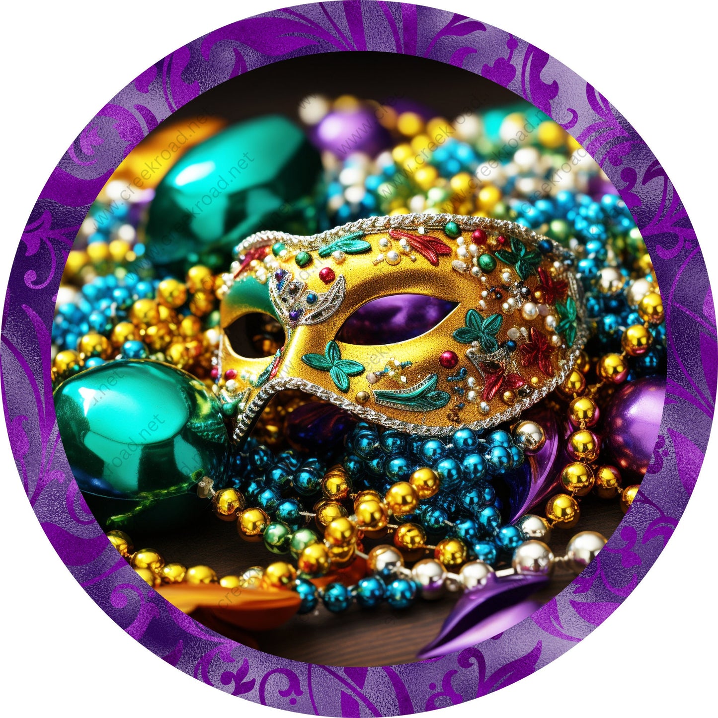 Mardi Gras Mask & Beads Purple Border Wreath Sign-Purple, Green, and Gold-Metal-Sublimation-Deocr-Aluminum