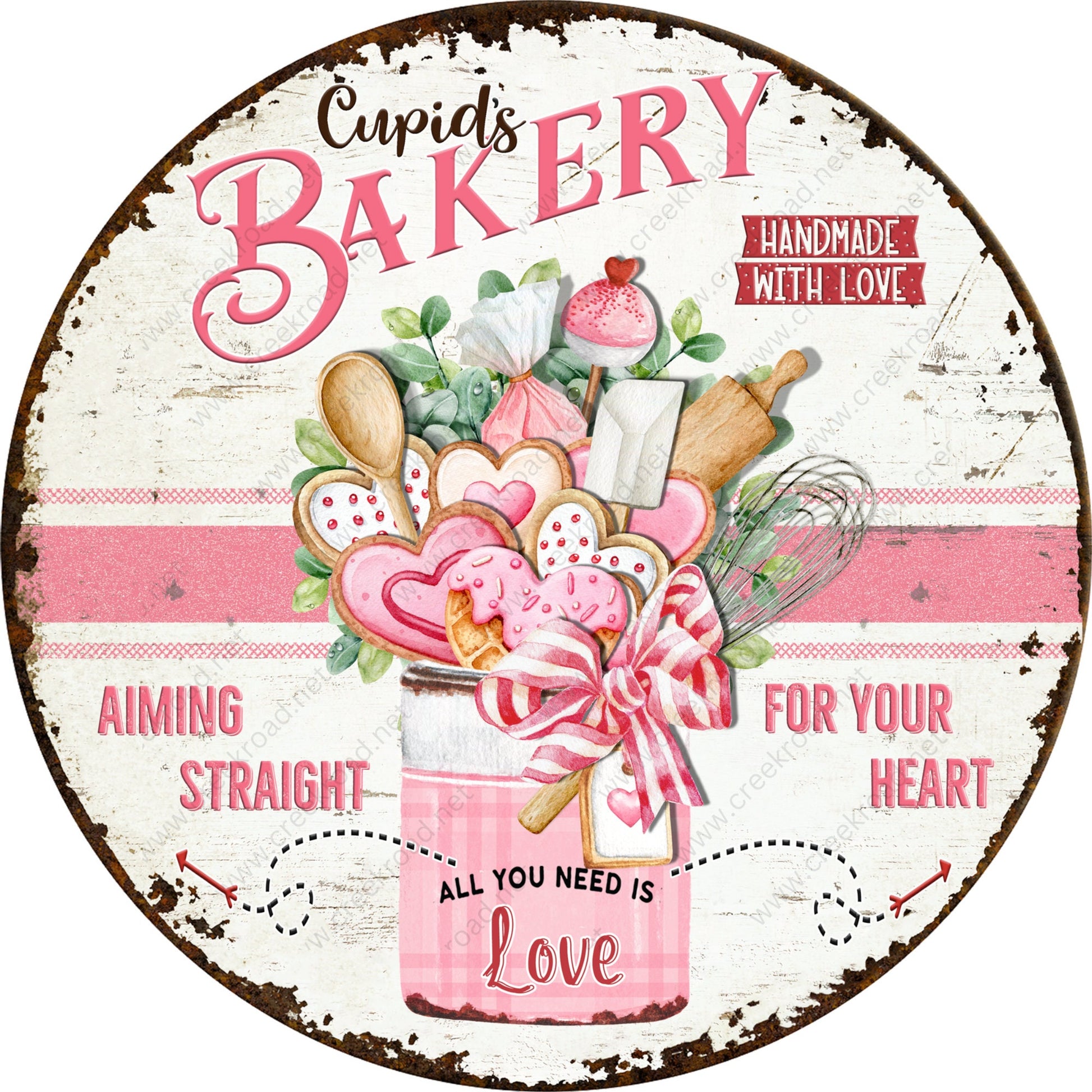 Cupids Bakery Cookies Rusted Border Wreath Sign-Aluminum-Valentines-Decor