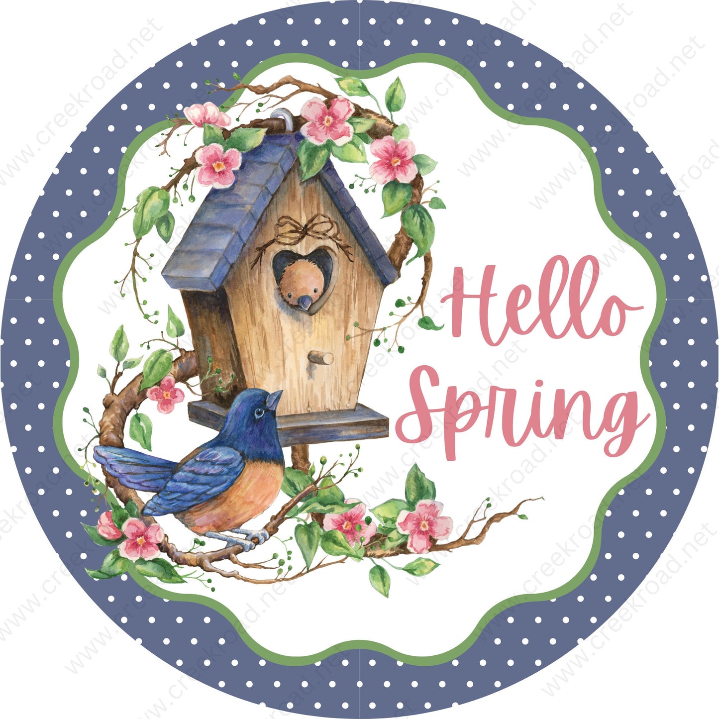 Hello Spring Birdhouse Steel Blue with White Polka Dot Border Wreath Sign-Sublimation-Aluminum-Attachment-Decor-Spring-Summer