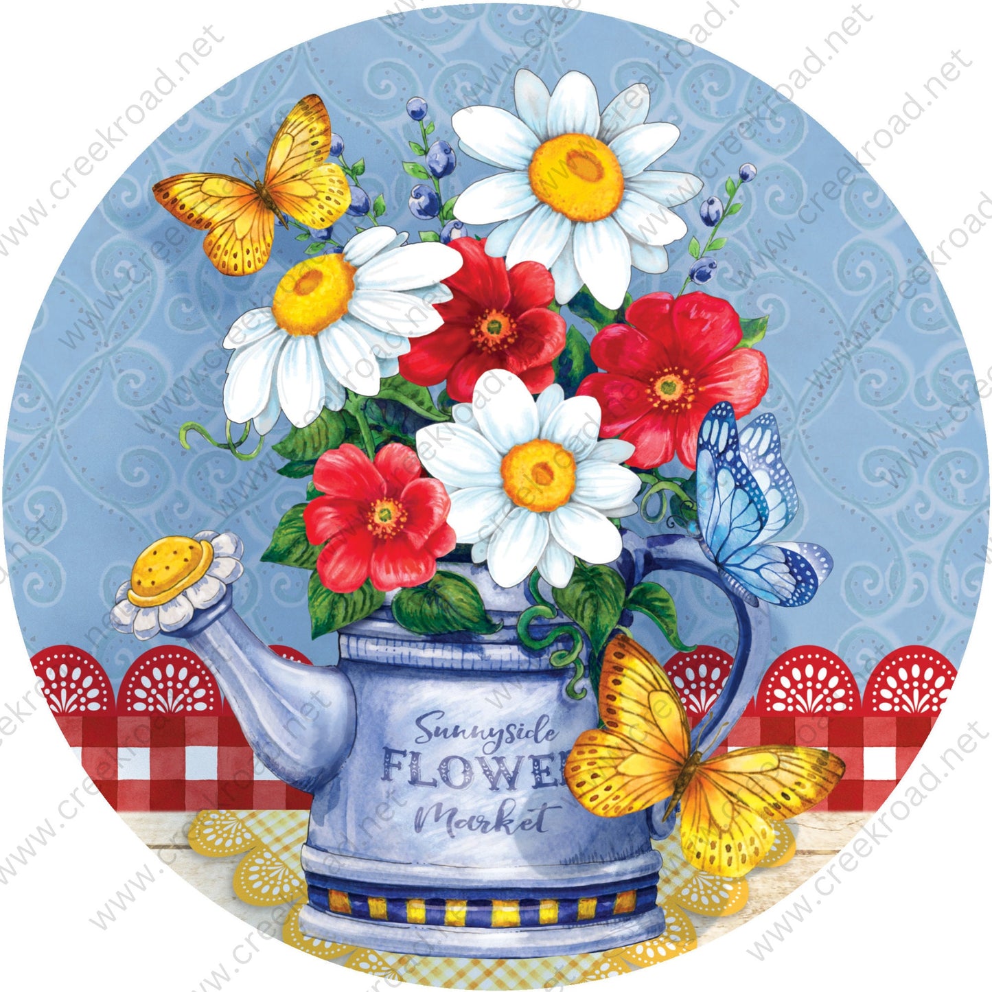 Sunnyside Flower Market Watering Can with Florals Yellow Butterflies Spring Wreath Sign-Sublimation - Spring-Summer-Metal Sign