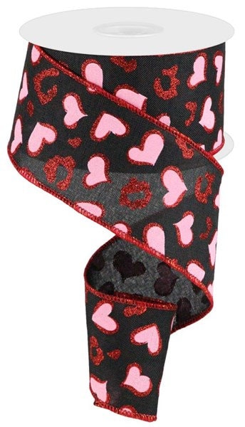 2.5" X 10Yd Wired Ribbon-Heart Leopard Spots-Pink Black Red-RGC1895WJ-Wreaths-Crafts-Decor-Valentines