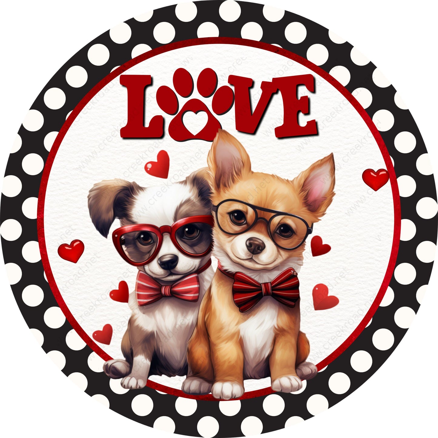 Puppy Love in Bowties Black White Polka Dots Wreath Sign-Aluminum-Valentines-Decor