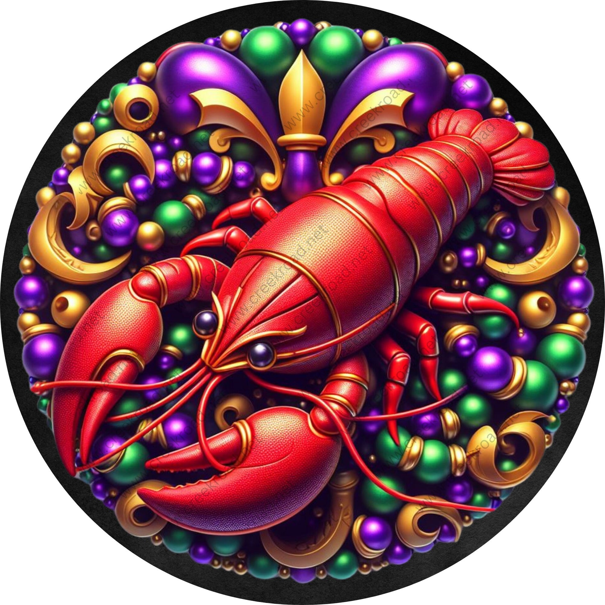 Crawfish On Bed of Mardi Gras Beads Wreath Sign-Sublimation-Deocr-Aluminum