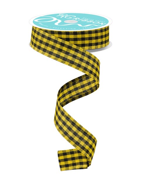 7/8" X 10Yd Wired Ribbon-Yellow/Black Gingham Check-RGA721157-Wreaths-Crafts-Ribbon-Everyday