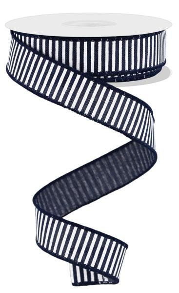 7/8" X 10Yd Wired Ribbon-Navy Blue/White Horizontal Stripes/Royal-RG778019-Wreaths-Crafts-Ribbon-Everyday