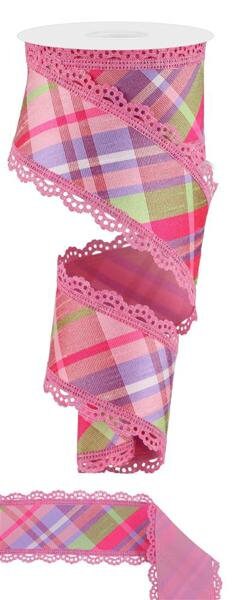 2.5" X 10Yd Wired Ribbon-Diagonal Plaid/Fused Back/Lace-Pink/Lav/Sprg Grn-RGX005982-Wreaths-Crafts-Ribbon