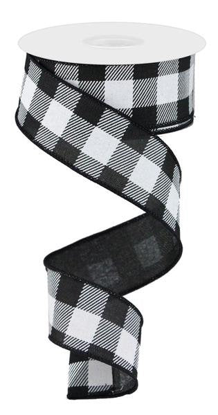 1.5" X 10Yd Wired Ribbon-Black White Striped Check On Royal-RG0179902-Wreaths-Crafts-Decor-Everyday