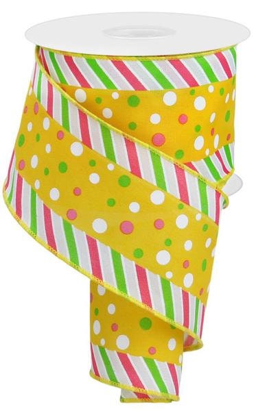 2.5" X 10Yd Wired-Yellow Multi Polka Dot/Multi Stripe-RGE107829-Wreaths-Crafts-Decor