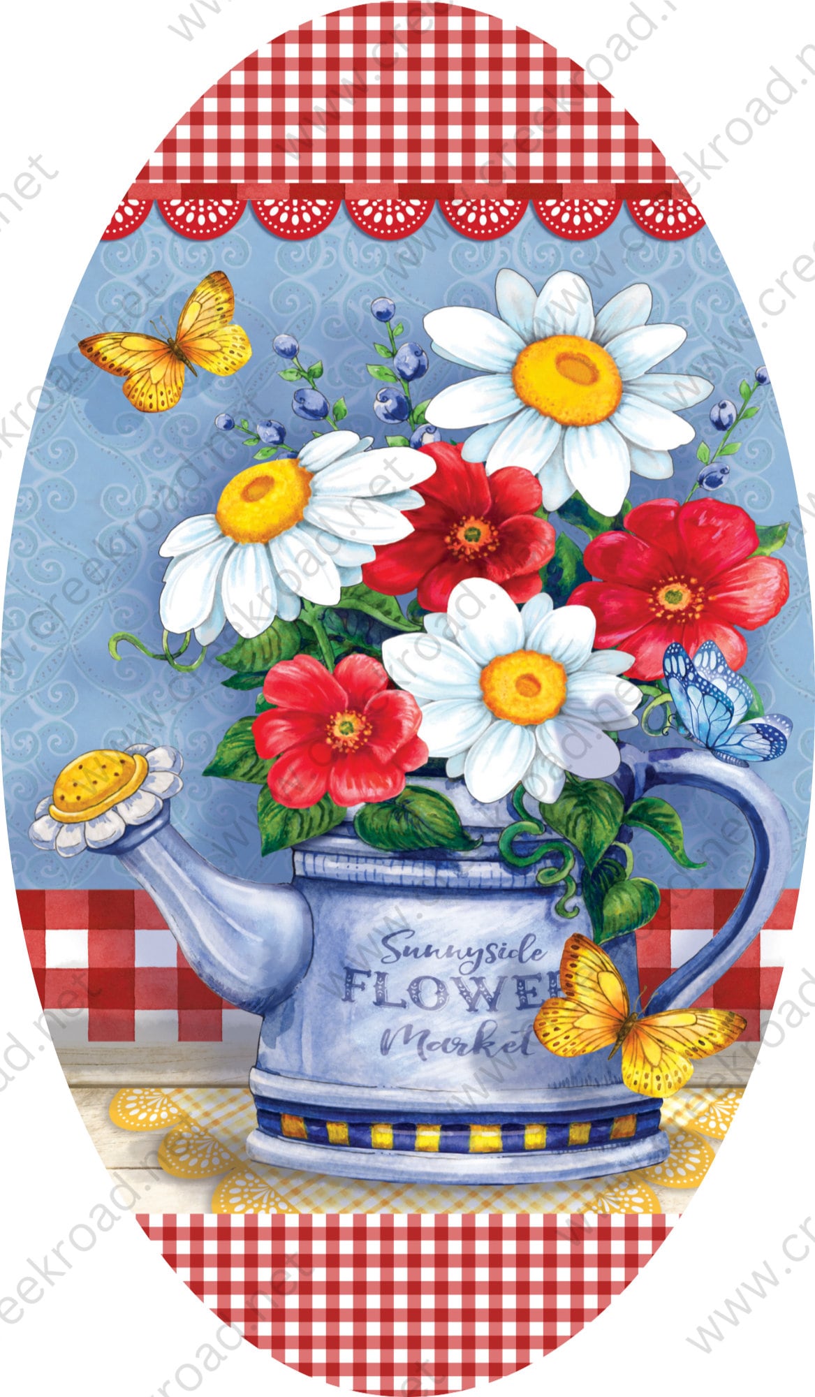 Spring Flowers in Watering Can with Butterflies Red White Gingham Border Wreath Sign-7.00" x 12.00" Oval Sublimation-Spring-Metal Sign