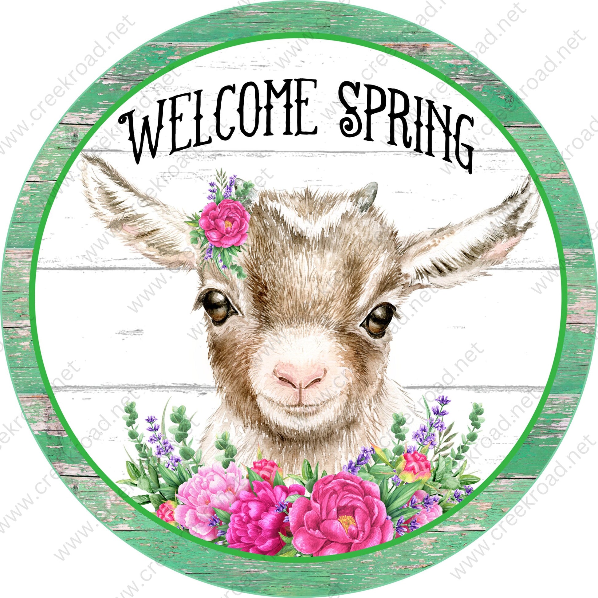 Welcome Spring Goat with Pink Purple Flowers on Distressed Green Shiplap Border Wreath Sign-Sublimation-Aluminum-Round-Spring-Summer-Decor