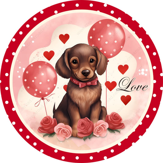 Puppy Love Roses & Balloons Red White Polka Dot Wreath Sign-Aluminum-Valentines-Decor