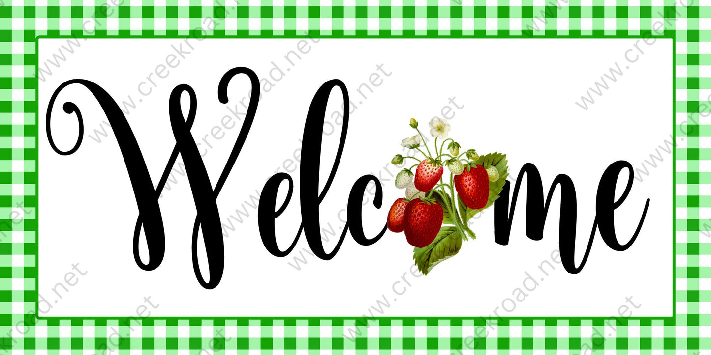 Welcome Spring Summer with Strawberry image on Kelly Green White Gingham Border Wreath Sign-6.00" x 12.00" Sublimation-Spring-Metal Sign