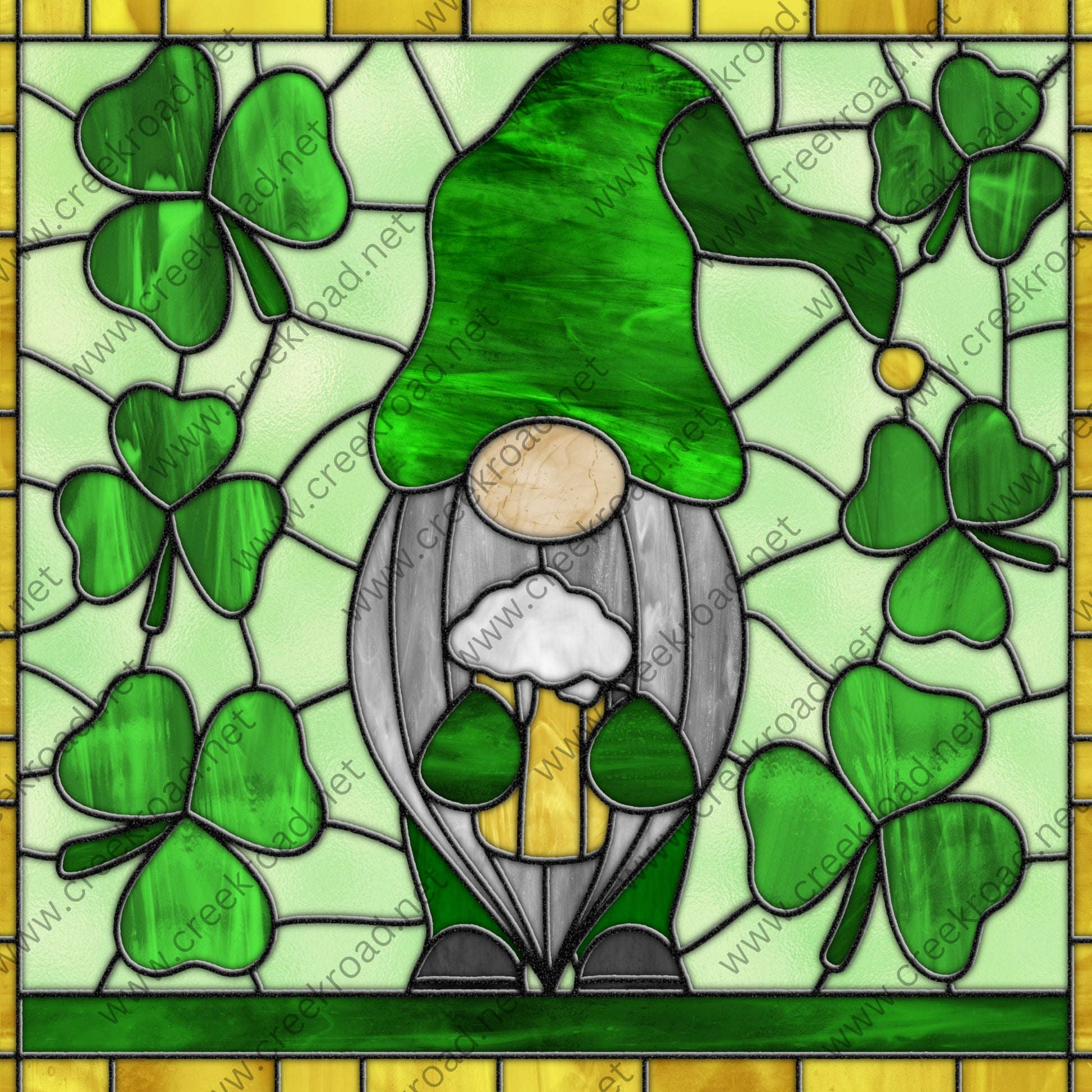 St. Patrick's Day Gnome with Shamrocks Yellow Border Faux Stained Glass Wreath Sign-10"x10" Square-Everyday-Decor-Attachment-Aluminum-Signs