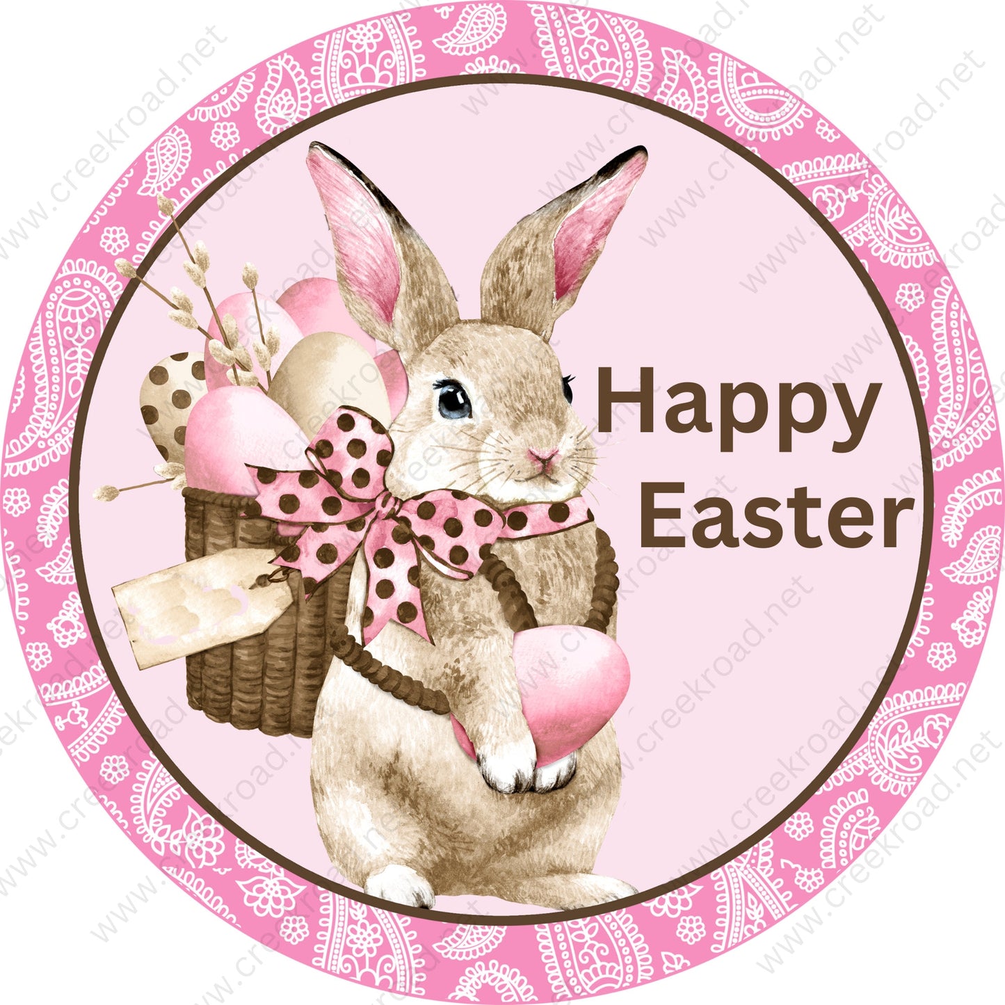 Happy Easter Bunny With Basket of Eggs Pink Brown Wreath Sign - Sublimation - Easter- Metal Sign