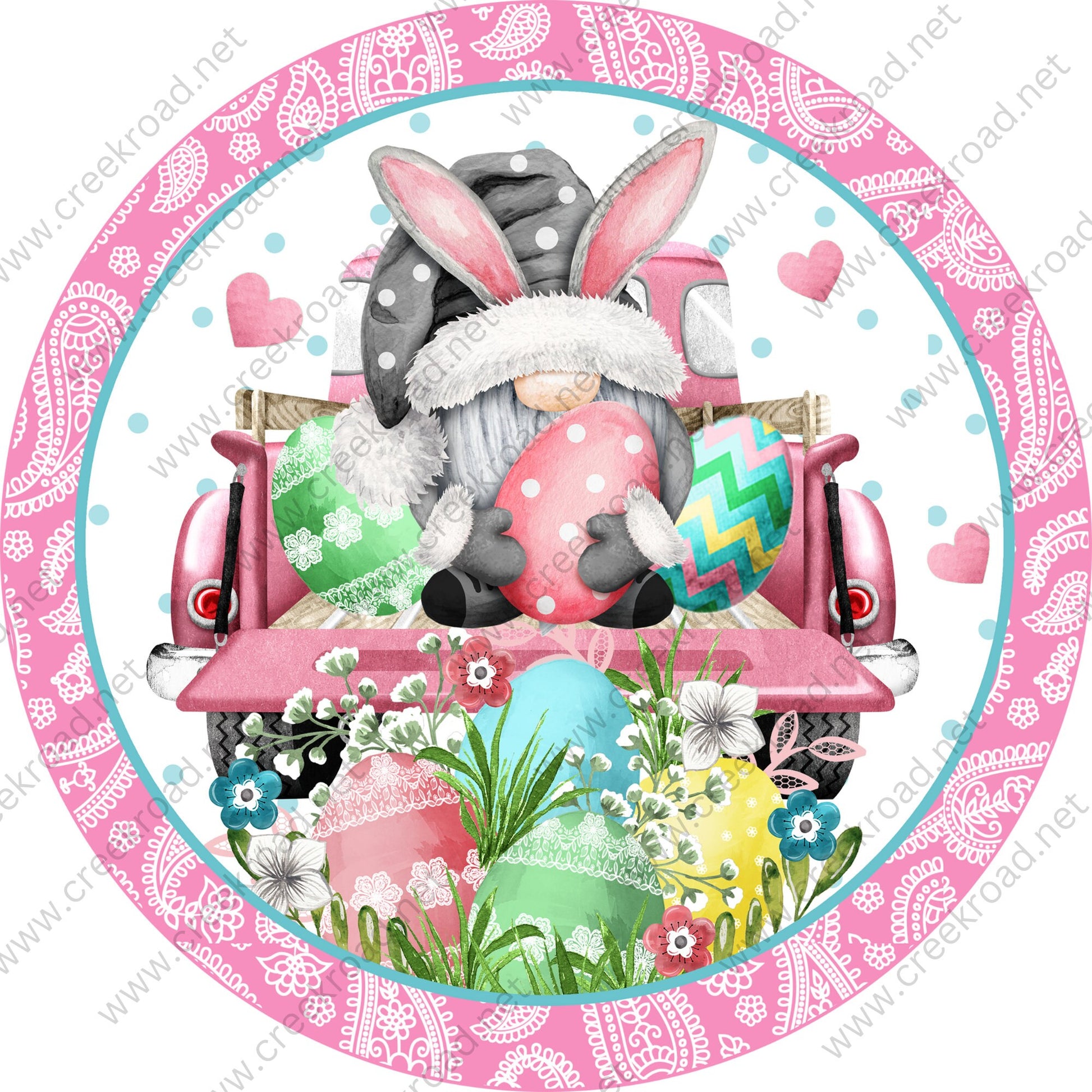 Easter Gnome in Pink Truck with Easter Eggs Pink White Paisley Border-Easter-Sublimation-Wreath Sign-Attachment