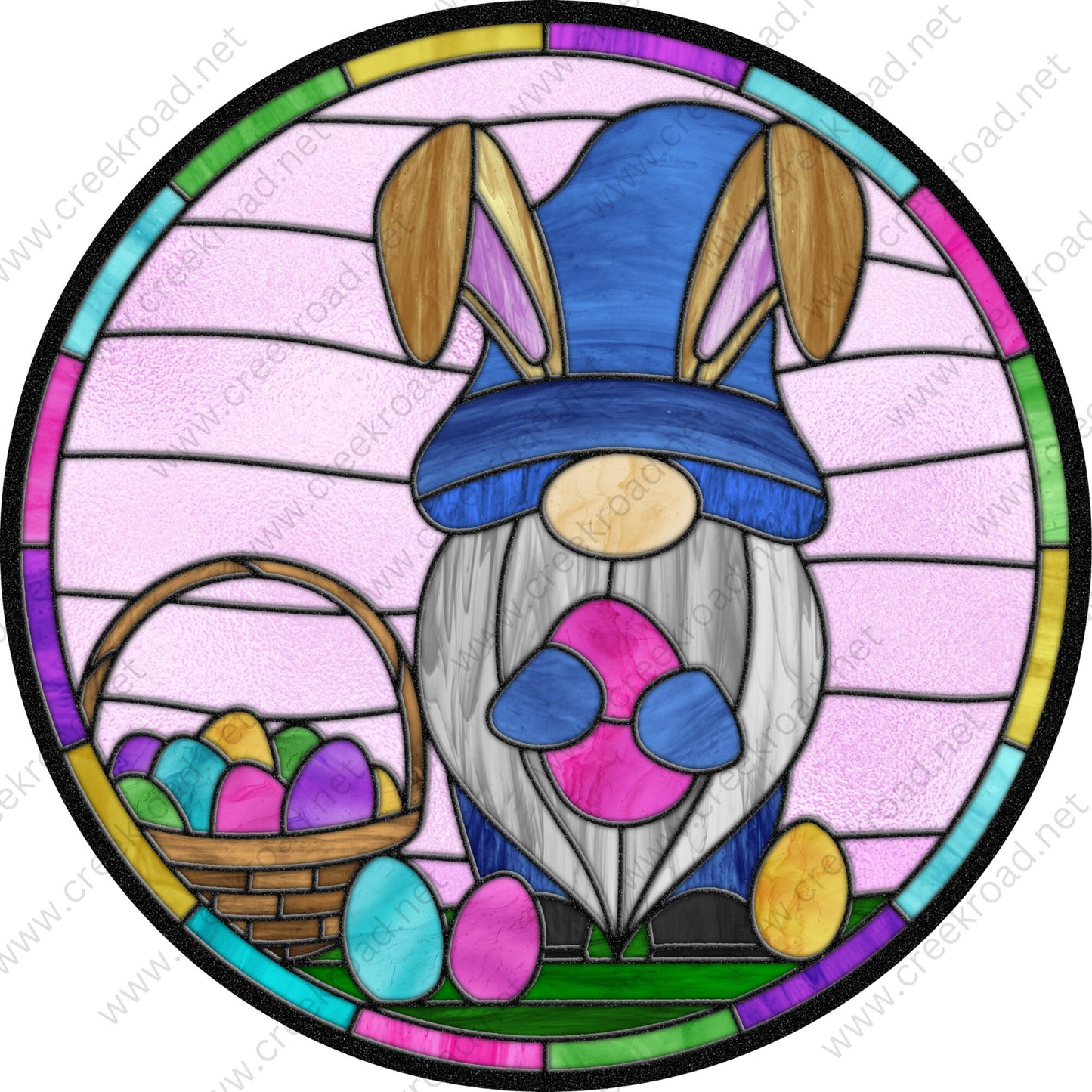 Easter Gnome Holding Easter Eggs WITH Bunny Ears Faux Stained Glass Wreath Sign-Round-Everyday-Decor-Attachment-Aluminum-Signs