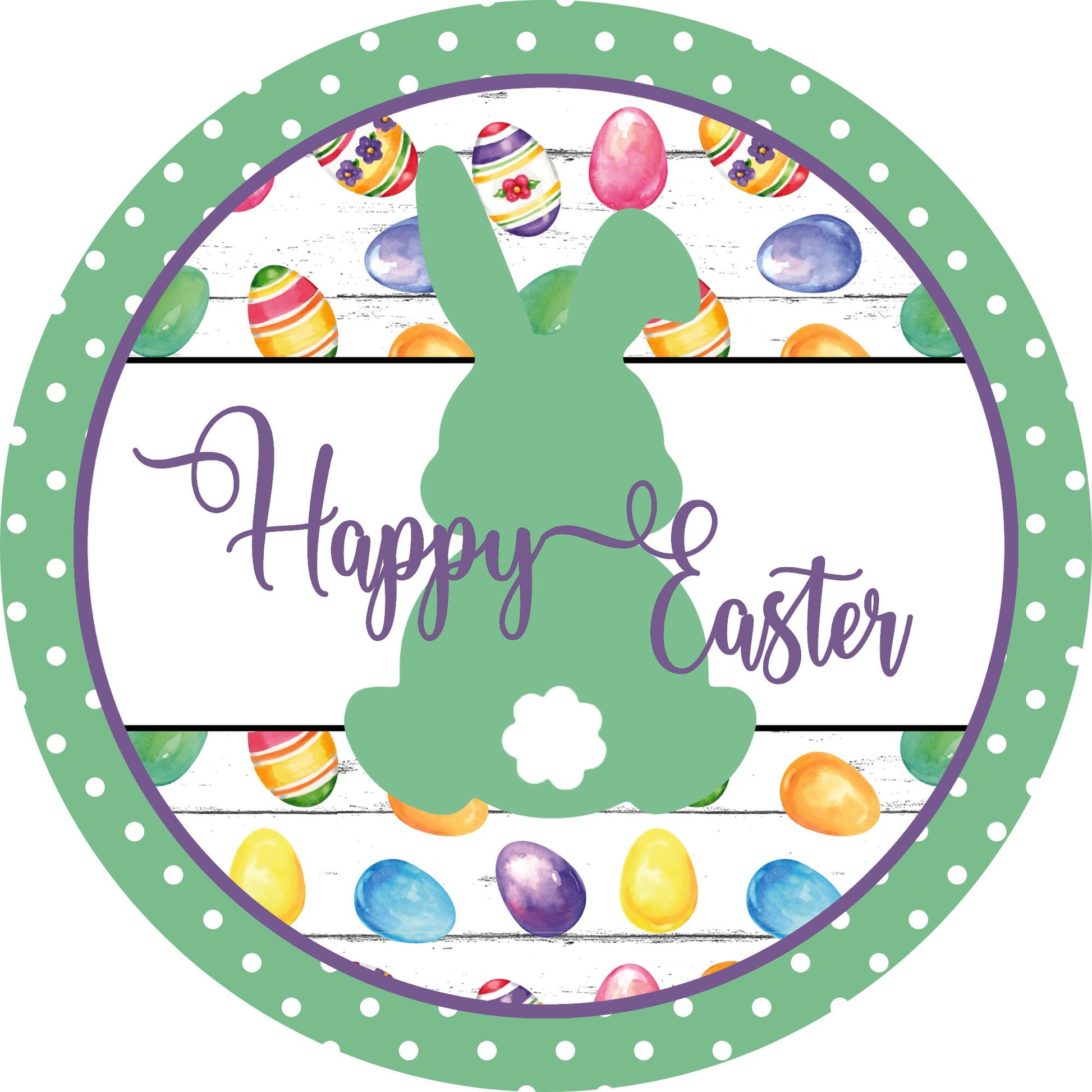 Happy Easter Bunny Green with Cottontail with Colorful Easter Eggs-Green Polka Dot Border-Easter-Sublimation-Wreath Sign-Attachment