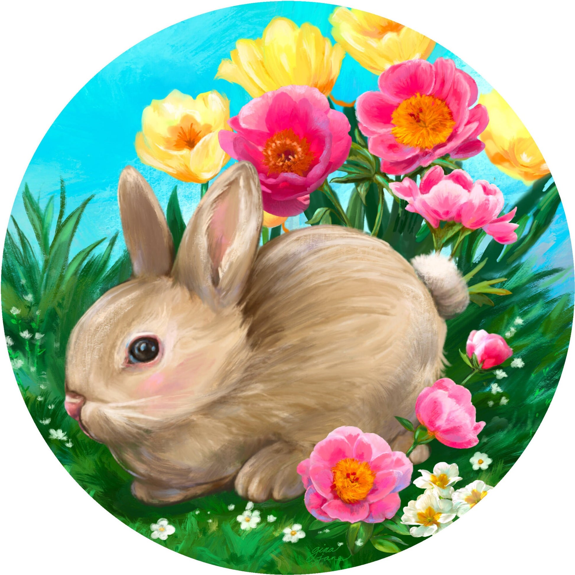 Spring Bunny In the Meadow of Florals Spring Easter Sign -Round - Sublimation - Wreath Sign - Metal Sign