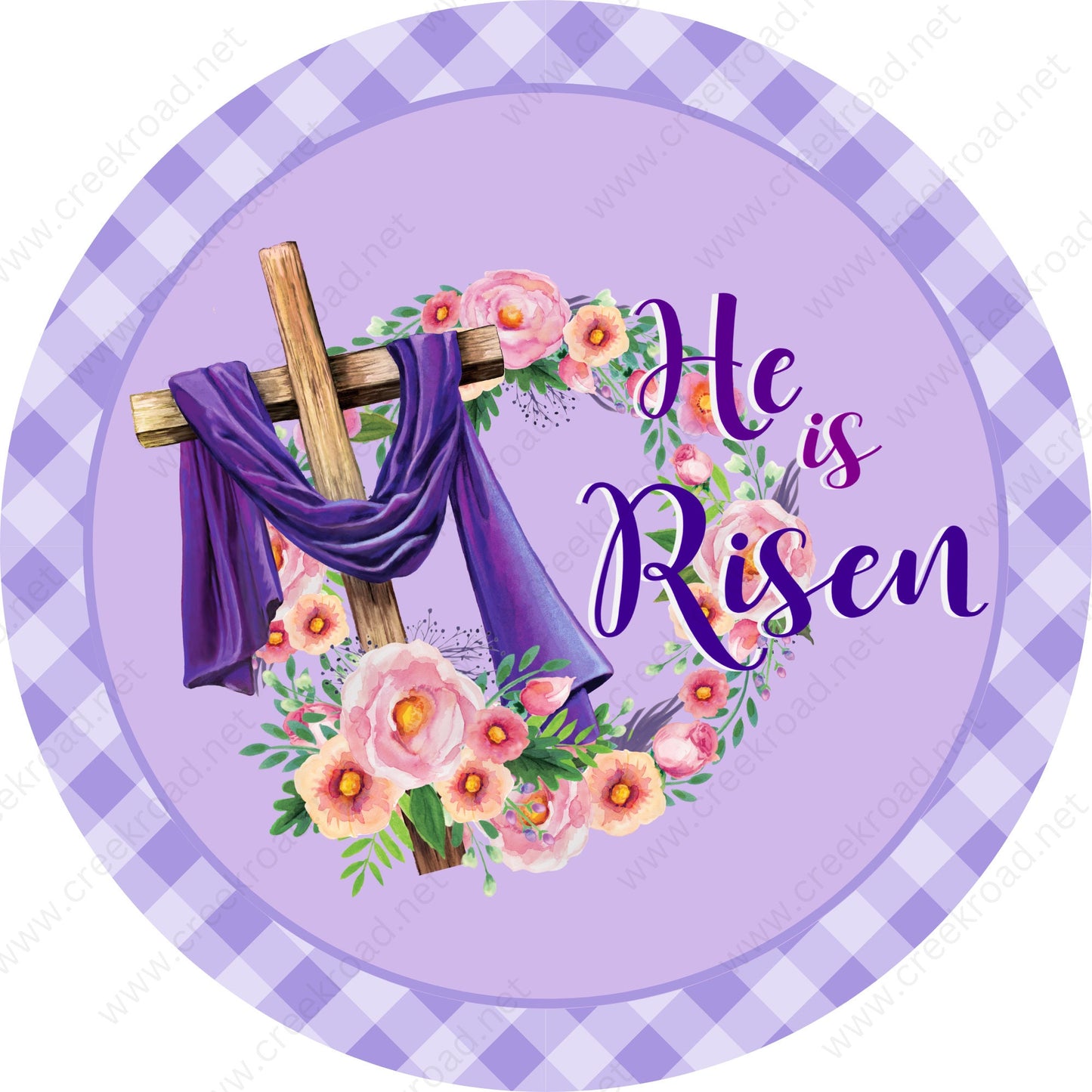 He Is Risen Cross Florals Purple Lavender Check Border Wreath Sign - Sublimation - Easter- Metal - Sign