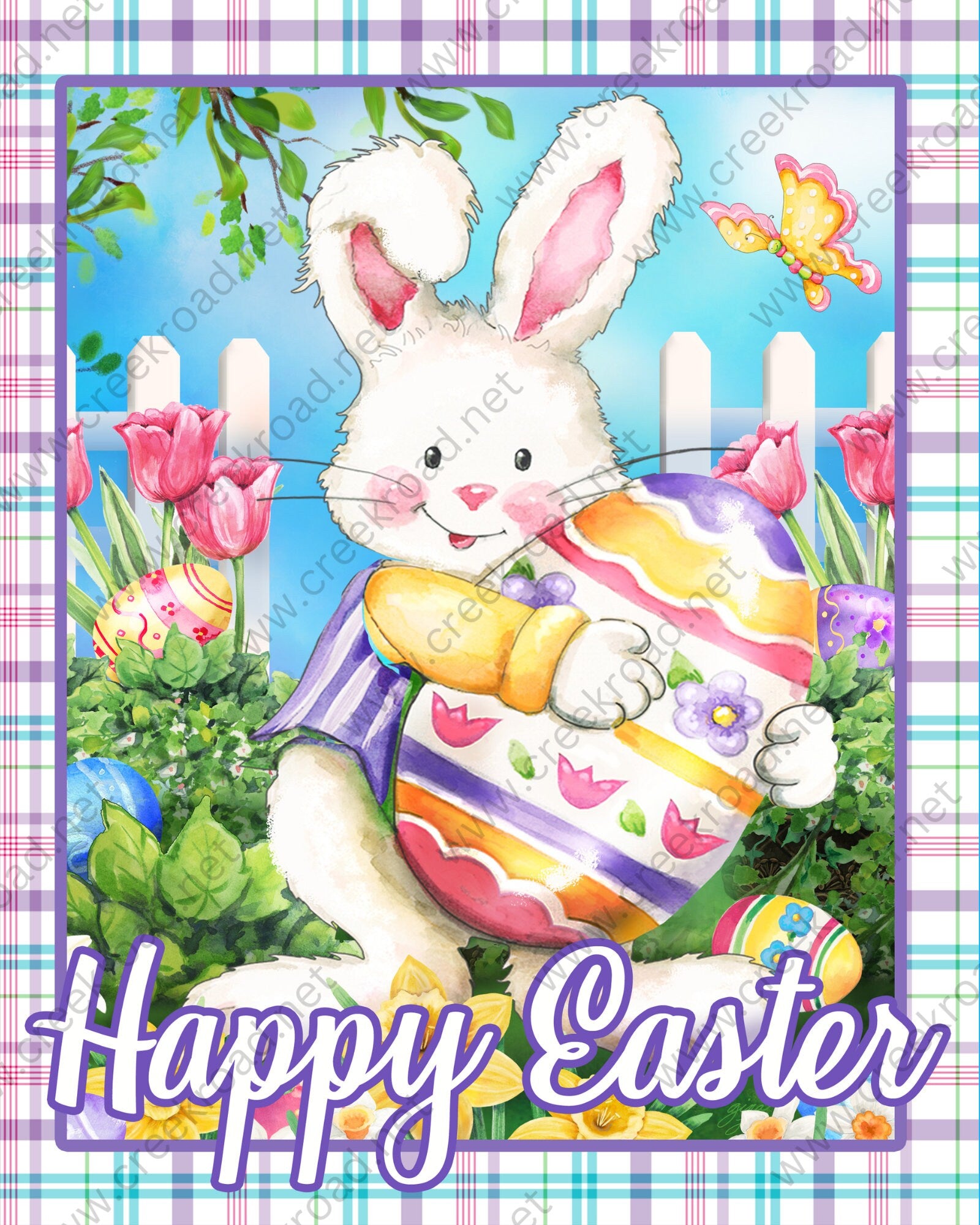 Happy Easter Bunny Holding Egg in Flower Garden with Plaid Border- 8" x 10" Rectangle-Sublimation-Wreath Sign-Attachment