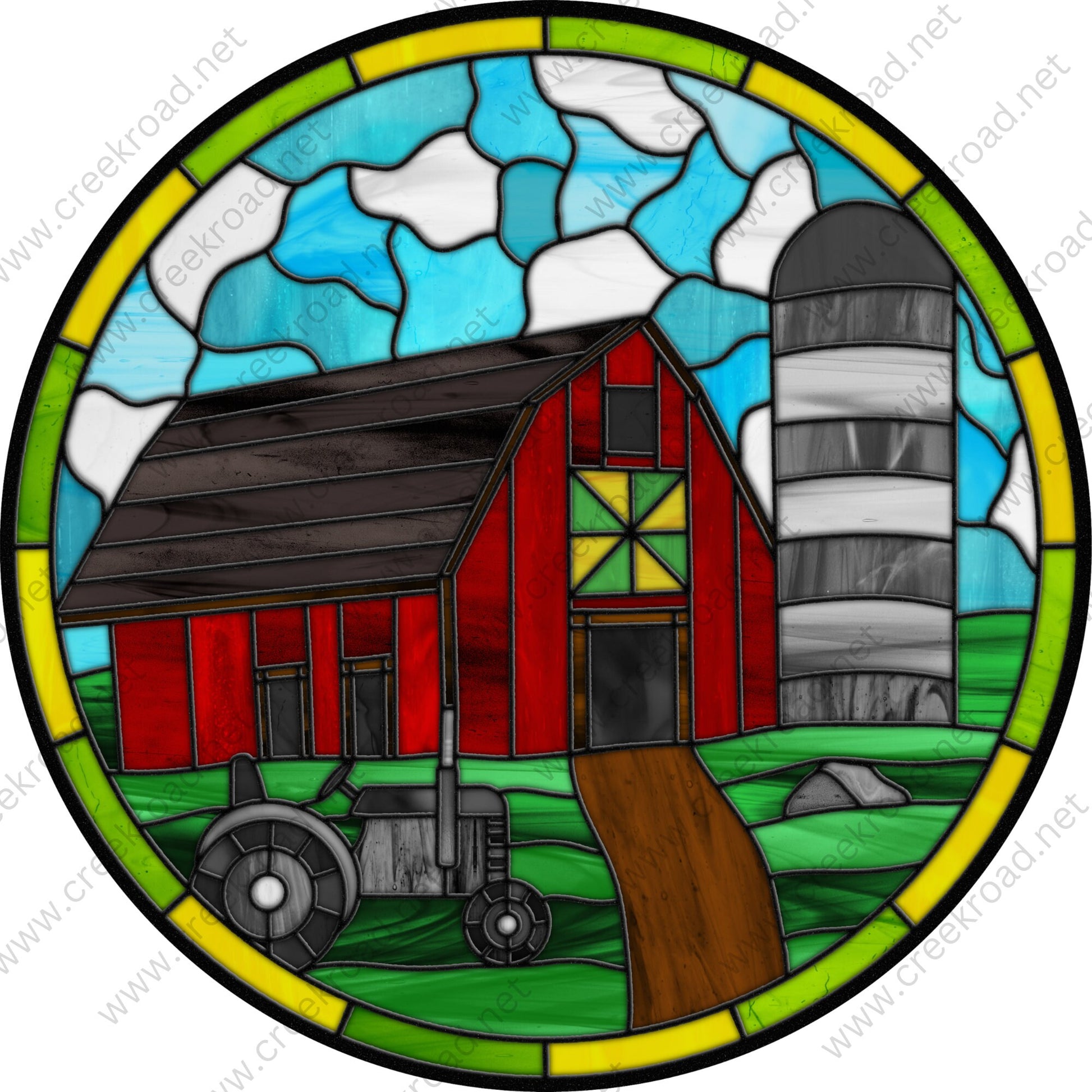 Red Barn with Silo Tractor Faux Stained Glass Wreath Sign-Red Green Grey Blue-Everyday-Wreath Sign-Sublimation Sign-Wreath Attachment