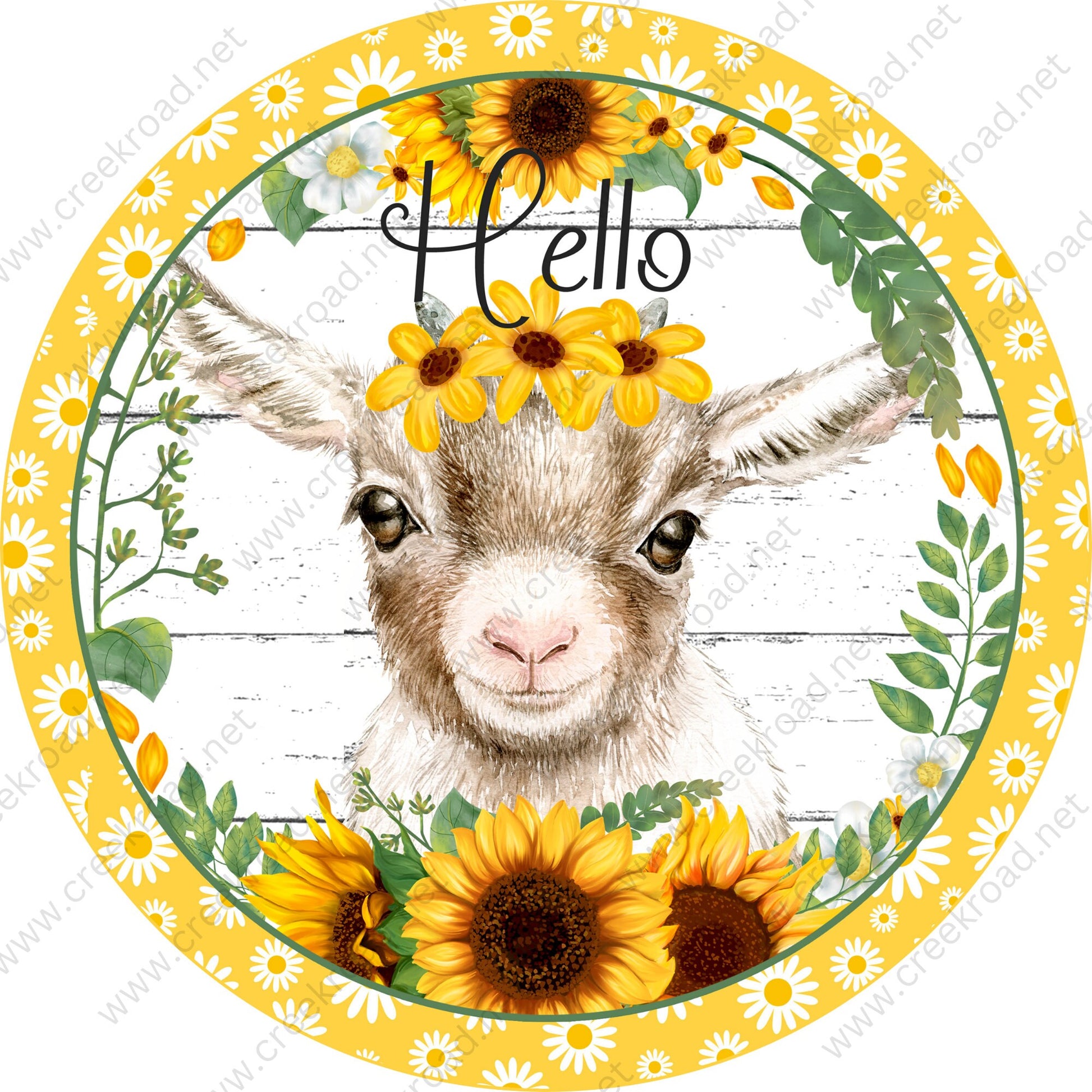 Hello Spring Goat Sunflowers on Distressed Shiplap Background Yellow Daisy Border Wreath Sign-Sublimation-Aluminum-Round-Spring-Summer-Decor