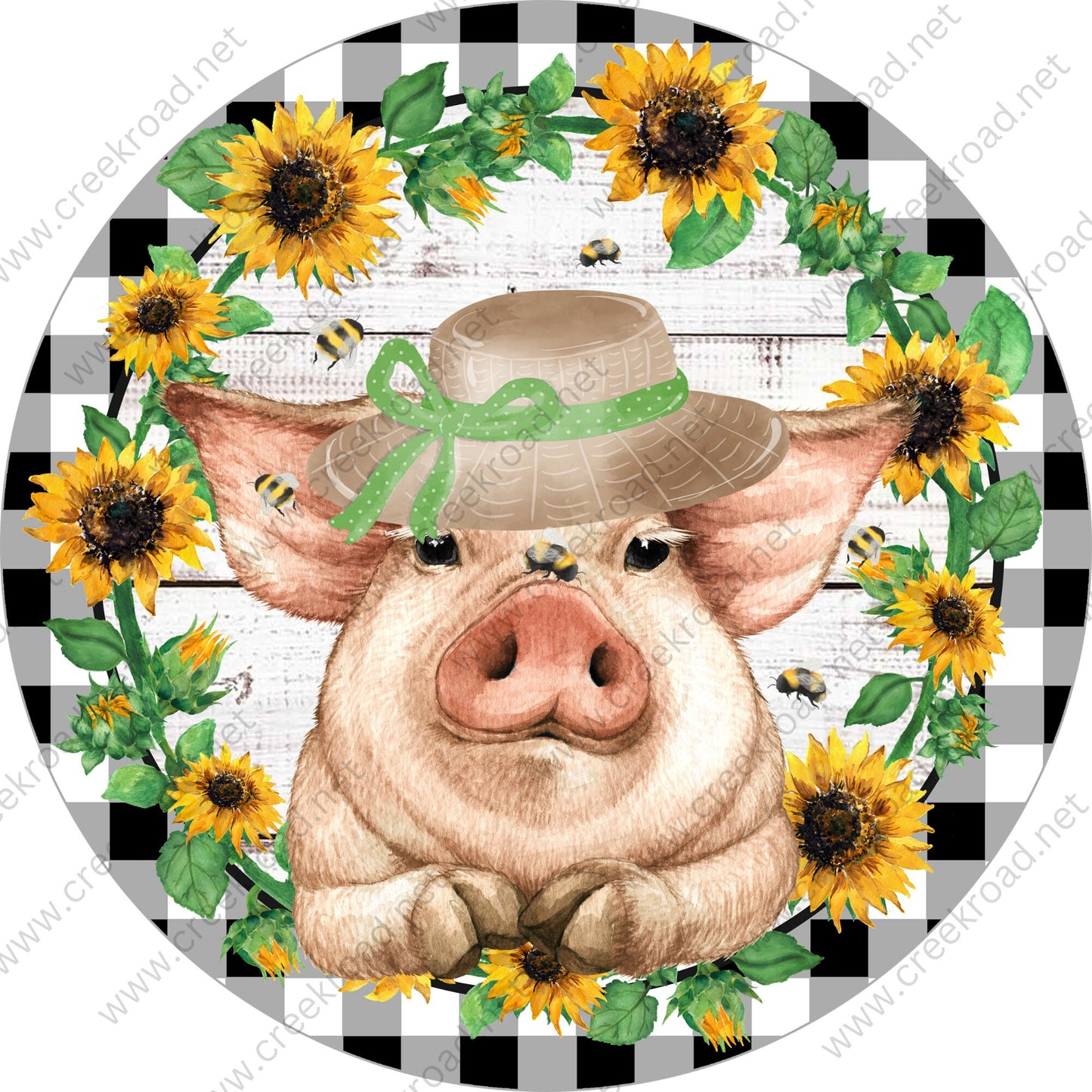 Gardening Pig with Hat Bumble Bees Sunflower Border Black White Gingham Background- Wreath Sign-Sublimation-Spring-Summer-Decor