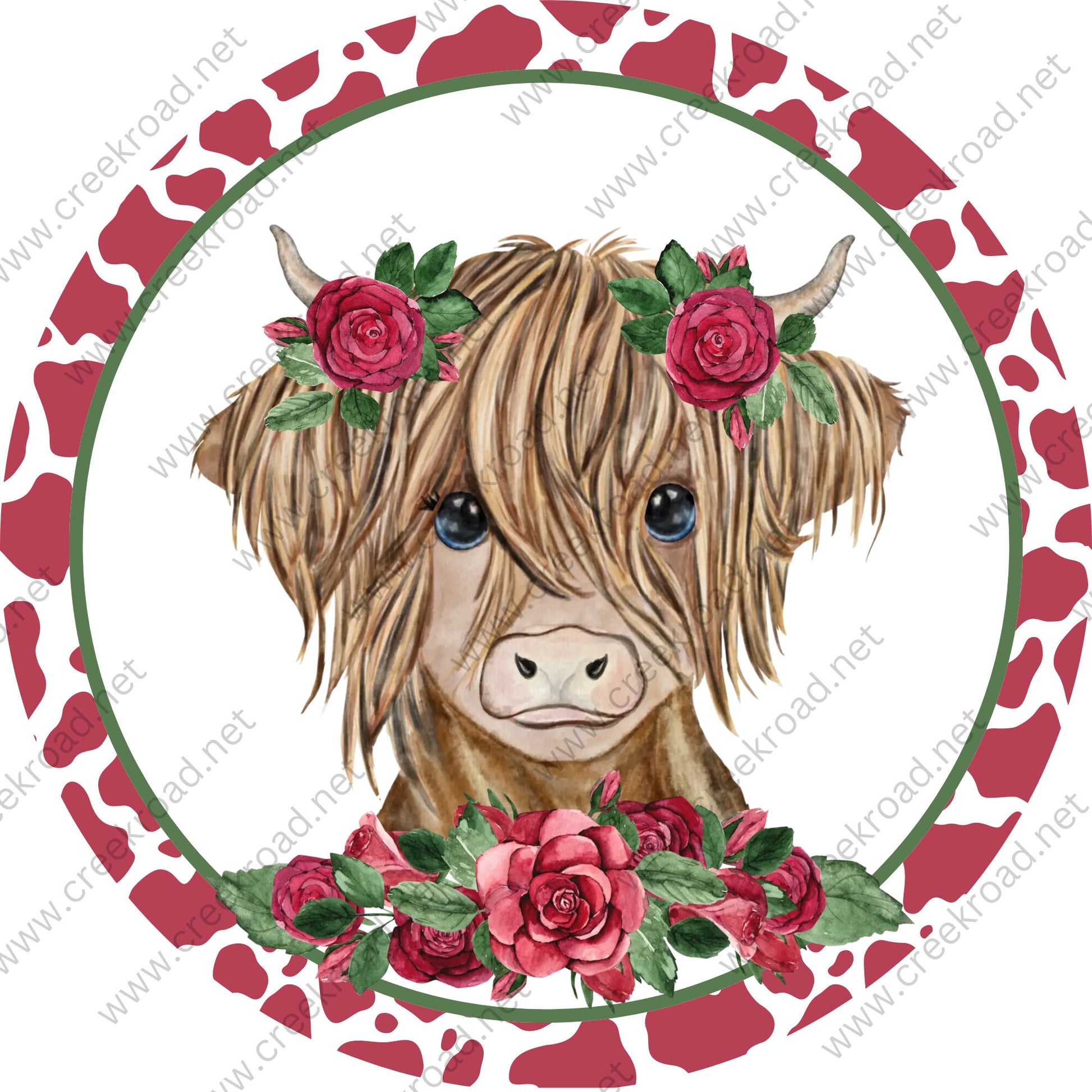 Rosie The Highland Cow with Rose Florals and Bows-Spring Summer-Wreath Sign-Attachment-Sublimation-