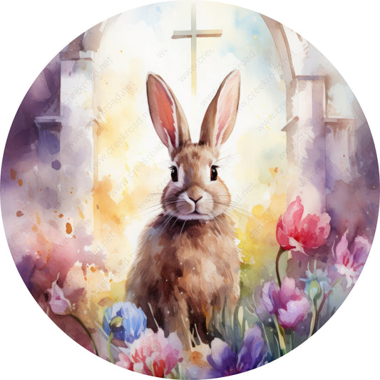 Easter Rabbit with Holy Cross Watercolor Wreath Sign-Sublimation-Attachment-Decor-Easter